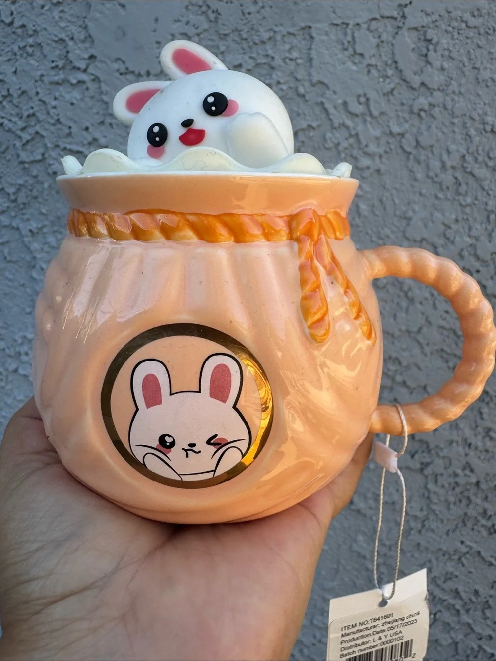 Cute Bunny Ceramic Mug with Lid Lucky Fortune Bag Peach Orange Kawaii NWT 5”